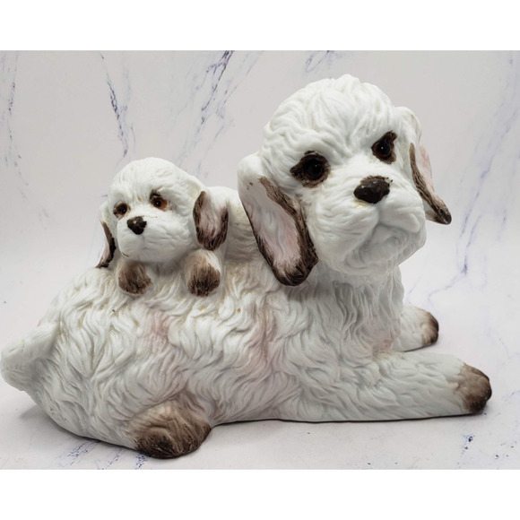 Mother and Puppy White Poodle Ceramic Hand Painted Dogs Figurine - Picture 1 of 8